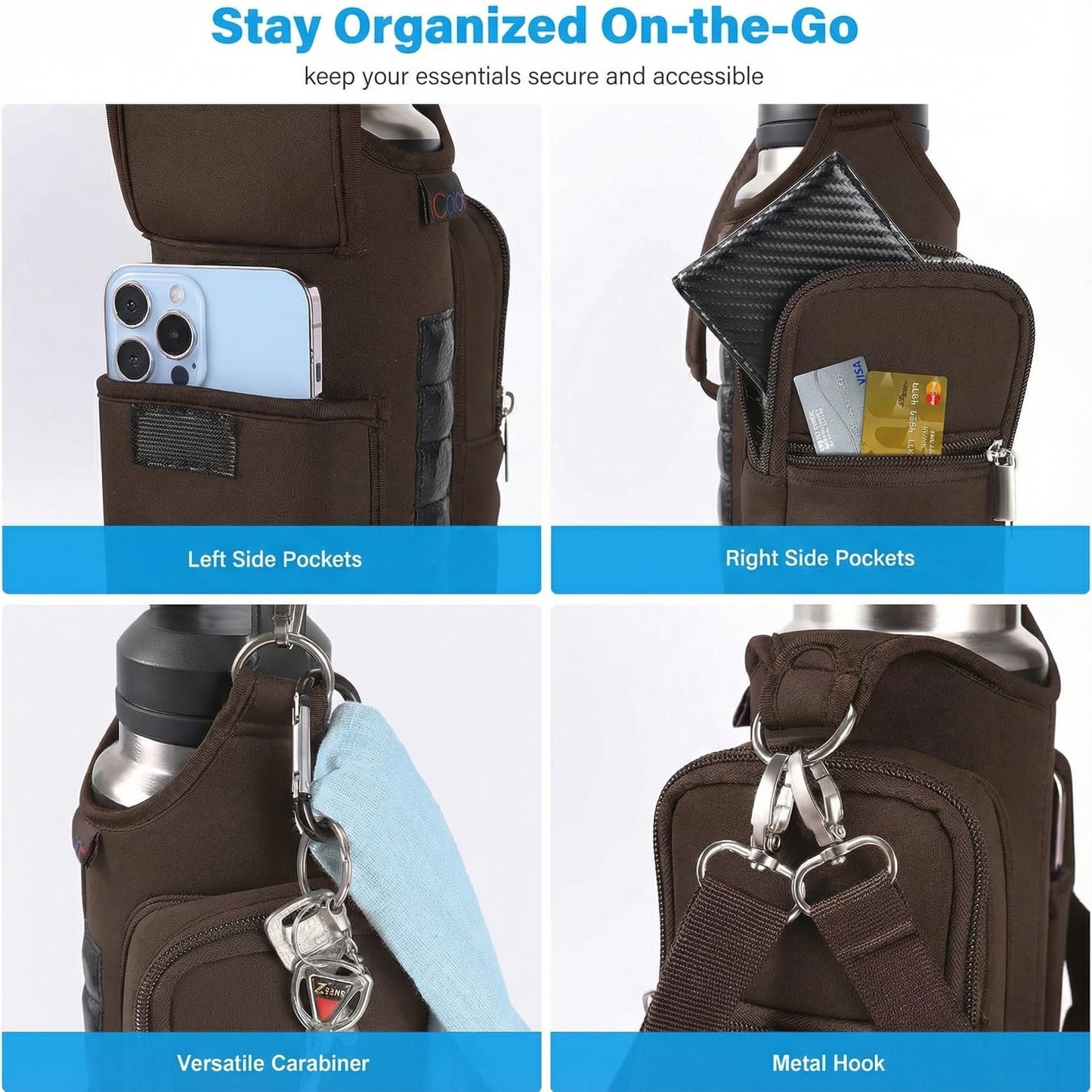 icolor Magnetic Gym Bag Water Bottle Carrier Holder with Phone Pockets & Shoulder Strap,Gym Magnetic Bag 5 Built-in Magnets Gym Accessories Organizer Sling Bottle Bag Pouch Sleeve (Neoprene, Brown)