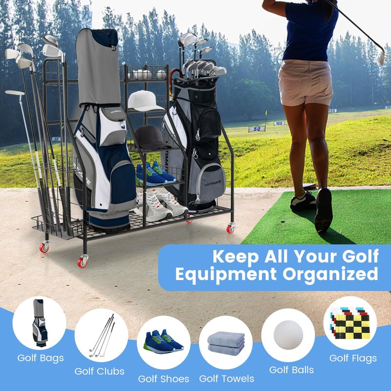 Tangkula Golf Bag Storage Rack for Garage, Heavy Duty Metal Double Golf Bag Storage Rack with Removable Golf Club Stand, Shelves & Lockable Wheels, Extra Large Golf Equipment Organizer for Garage