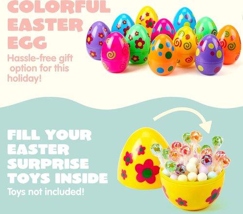 JOYIN 12 Pcs Large Printed Easter Eggs, 6 Inches Jumbo Plastic Eggs Fillable for Easter Themed Hunt Basket Stuffers Fillers Filling Treats Party Favor Classroom Prize Supplies