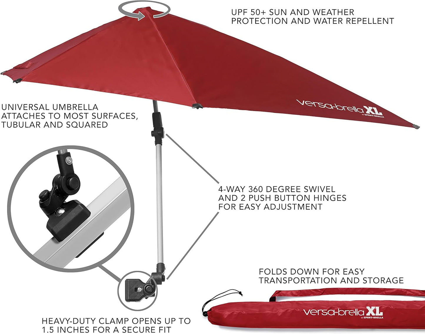 Sport-Brella Versa-Brella SPF 50+ Adjustable Sun Umbrella with Universal Clamp - Portable & Versatile