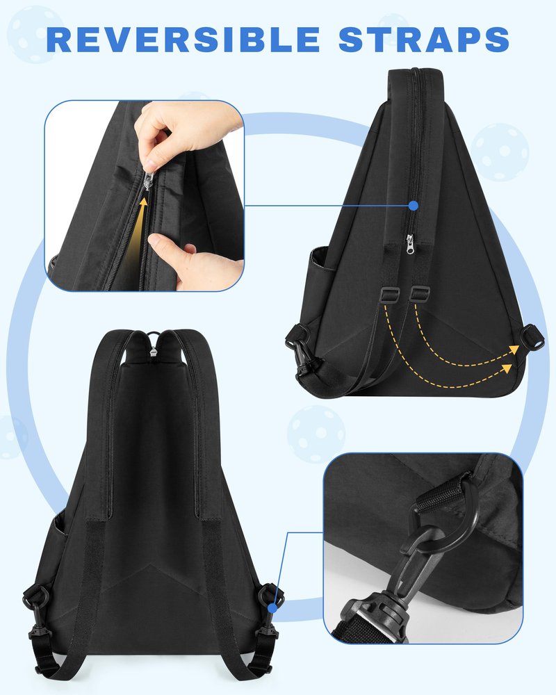 Trahzia Pickleball Sling Bag for Women and Men, Pickle Ball Paddle Backpack with Fence Hook for Racquetball, Badminton Rackets, Black
