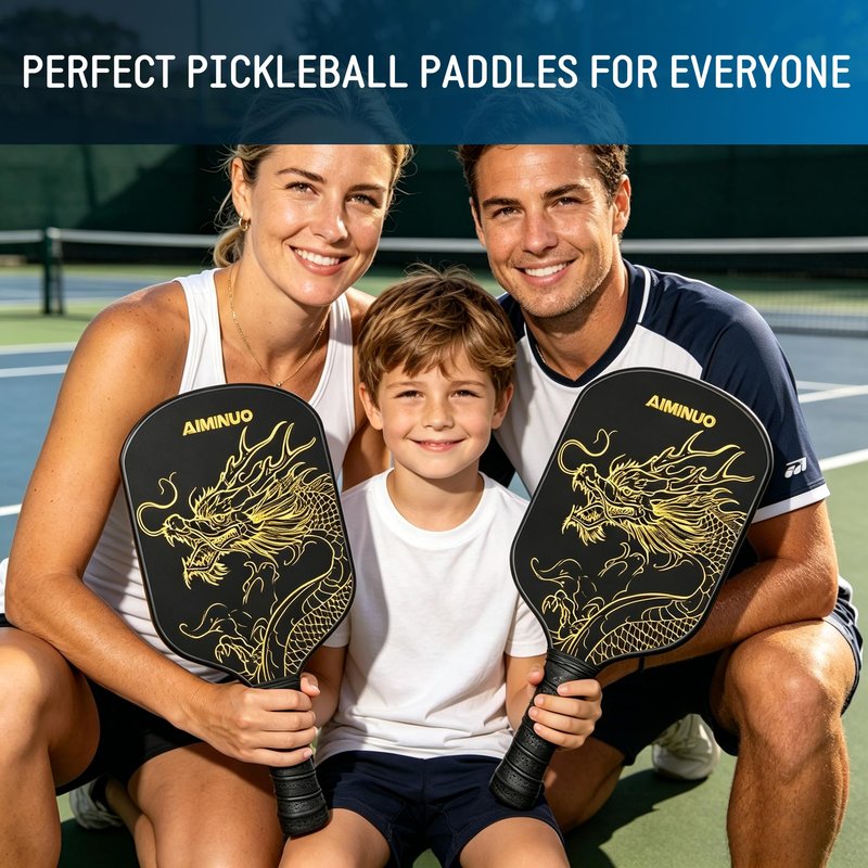 AIMINUO Pickleball Paddles, Fiberglass Pickle Ball Paddle Set, 16mm Lightweight Pickleball Paddles for Men Women Kids Indoor & Outdoor, Golden Dragon Black