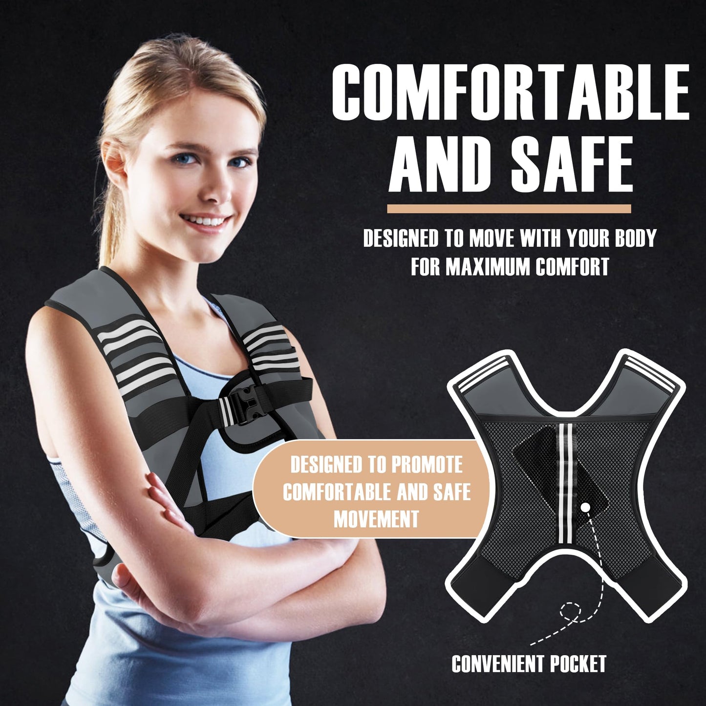 NATURELUX Weighted Vest with Reflective Stripe and Adjustable Buckle Straps, Dark Grey, 15 lbs