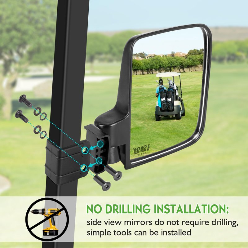 10L0L Golf Cart No-Drill Folding Side Mirrors + Easy-Drill Rear View Mirror, 170° Wide Angle, Universal for Yamaha EZGO Club Car, Shatterproof Stainless Steel