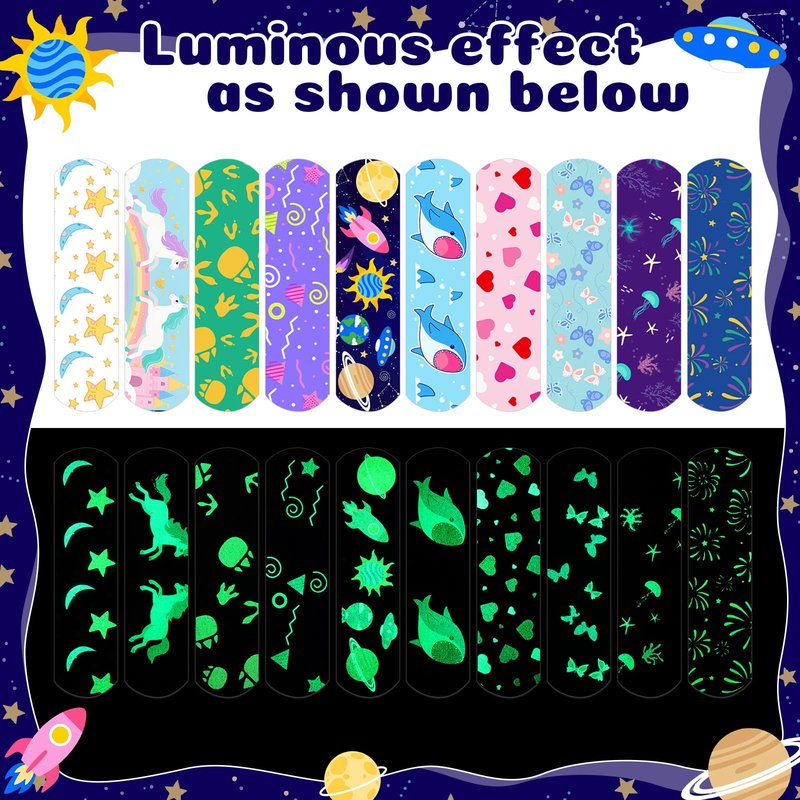 Geiserailie 300 Pcs Kids Bandages, Glow in The Dark Cartoon Bandage Cute Waterproof Neon Bandages for Kids Adults 5 Styles Adhesive Bandage Variety Pack for Scrapes Wounds First Aid for Cuts(Mixed)
