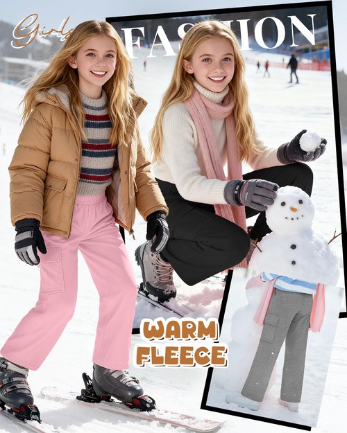 LessonZoo 3 Pack Girls Thermal Fleece Cargo Sweatpants 5-14y 4 Pockets Kid Warm Wide Leg High Waist Baggy Casual Pants Jogger(Pink, Heather Gray, Black,9-10 Years)