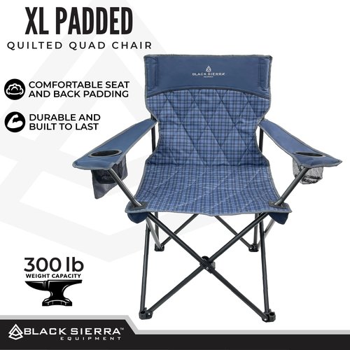 Black Sierra Oversized Camping Folding Chair, Heavy Duty Outdoor Seat Supports 300 lbs with Steel Frame, Collapsible Quilted Padded Plaid Camp Bag Chair for Tailgating, Sports Games Patio