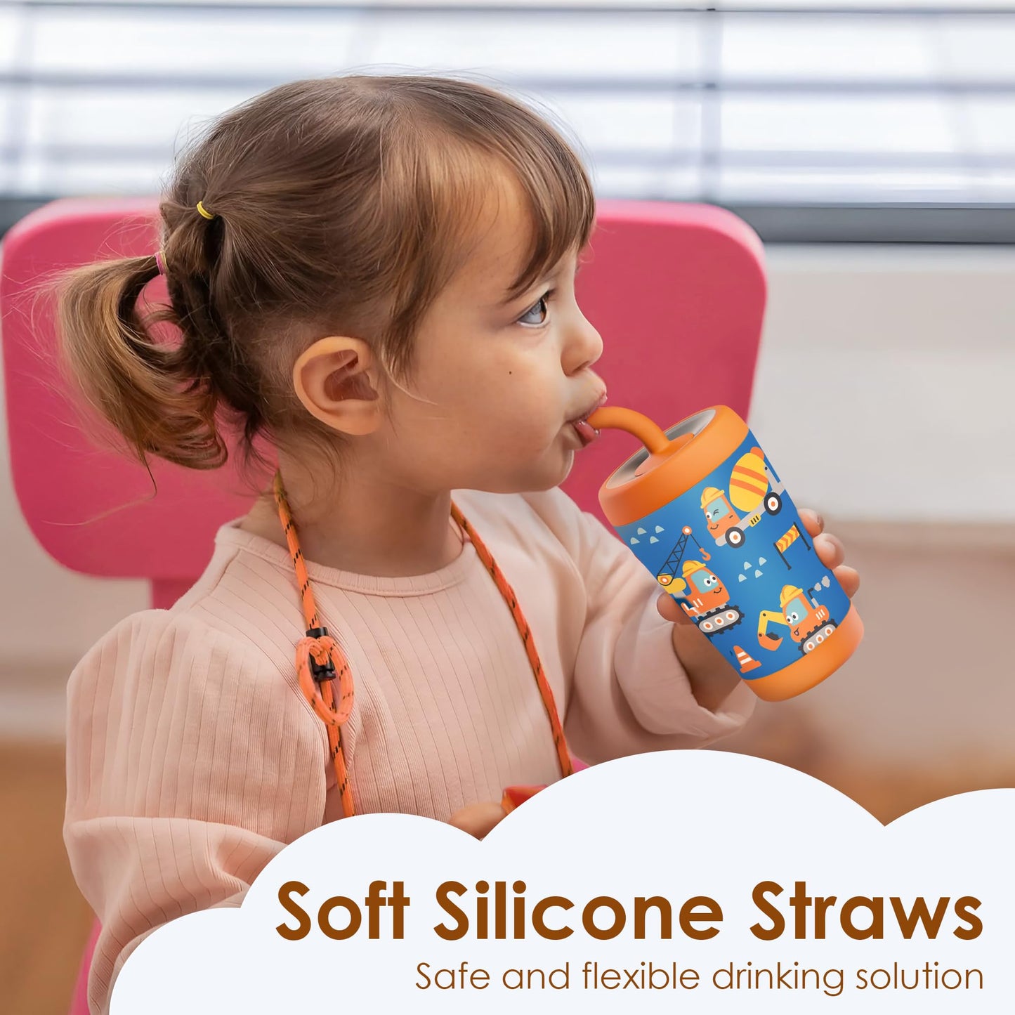 SANDJEST Kid Insulated Stainless Steel Tumbler with Silicone Straw, 12oz Sippy Cup for Kids (Construction Trucks)