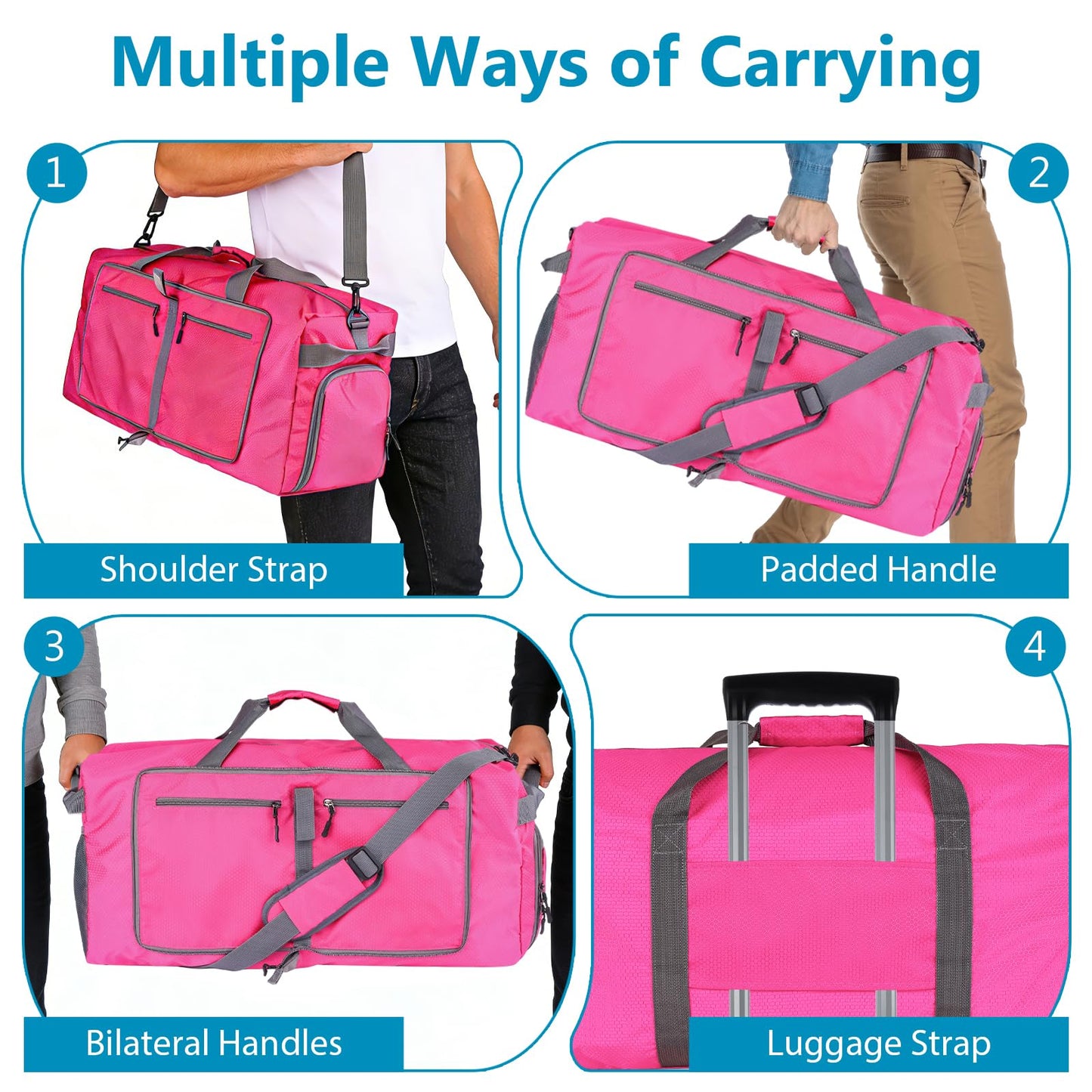 60L Duffle Bag with Shoes Compartment - Foldable&Large Capacity Travel Duffel Bags, Lightweight & Water-Resistant Gym Bag - Rose