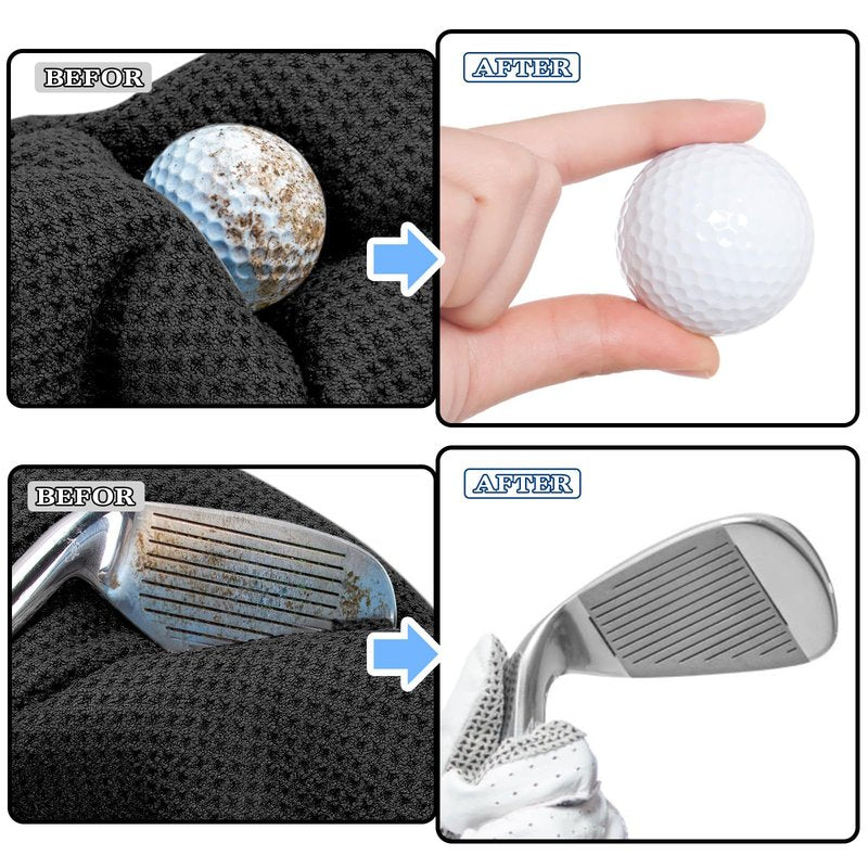 Seticek 2 Pack Golf Towel (16" X 16") with Club Brush, Microfiber Waffle Pattern Golf Towels for Golf Bags for Men,Essential Golf Combo Cleaning Kit (Black+Gray)