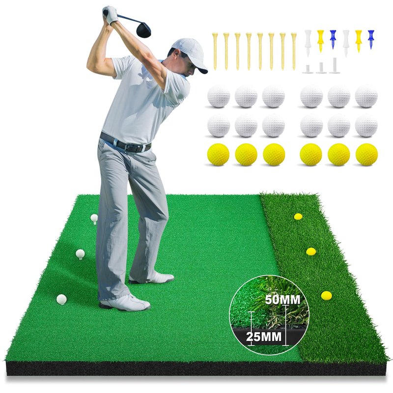 Premium Dual Turf Golf Hitting Mat, 5x4FT Thickened 25mm/50mm Golf Practice Mats Outdoor Indoor, Swing Chipping Training Turf Matt for Backyard, Garage, Driving Range, Gift for Men Dad Golfer