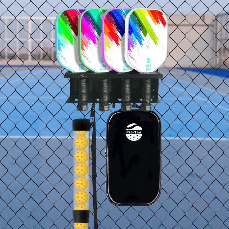 Pic-Ten 2PCS Pickleball Paddle Rack Holds 4 or 8 Paddles with Hooks Pickleball Storage Rack for Fence and Wall Pickleball Paddle Holder Outdoor No Installation Black
