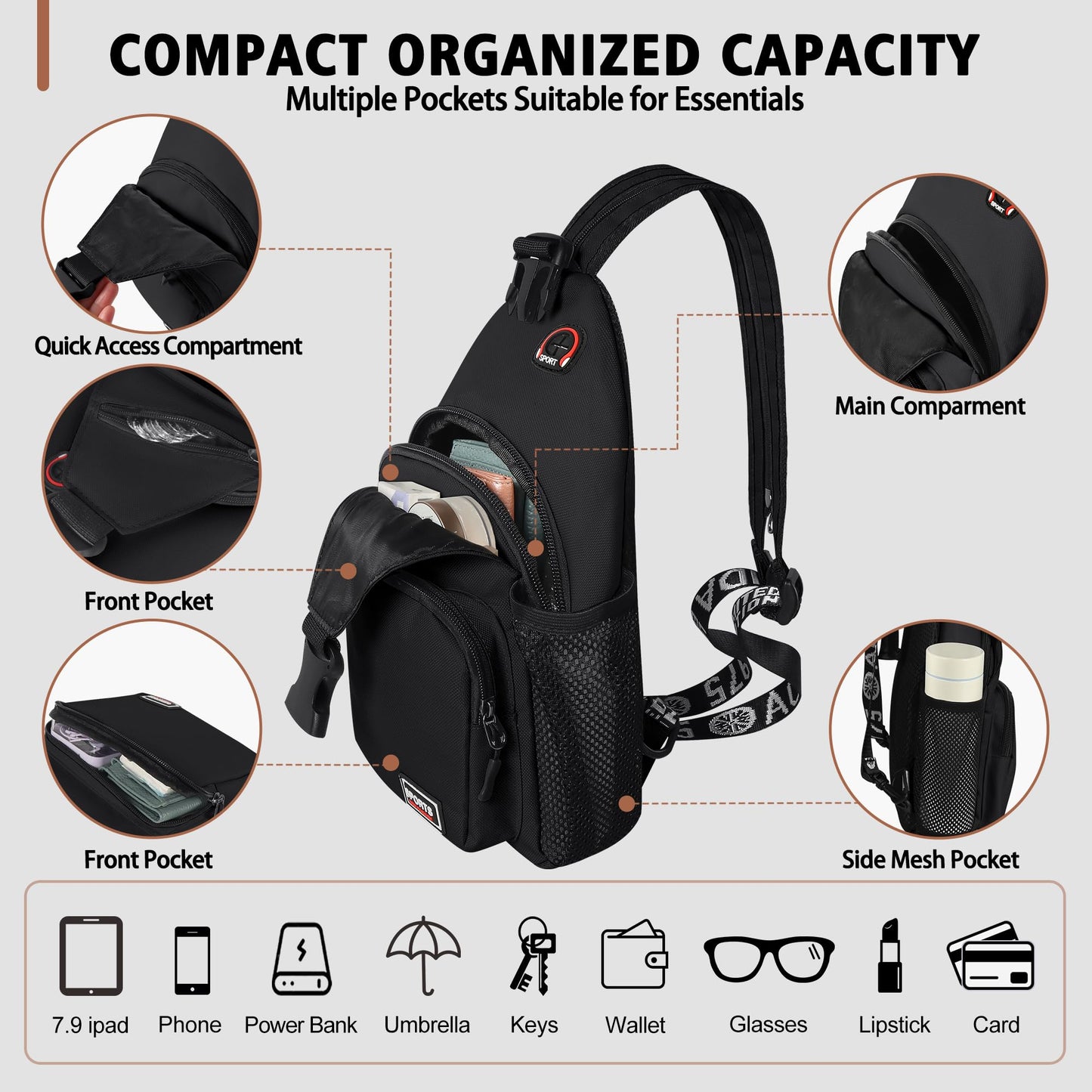 Geestock Convertible Sling Bag for Women Men, Lightweight Crossbody Backpack Daypack Chest Bag Fit 7.9" Tablet for Travel, Sport, Hiking & Commute, Black, 7.09in×3.15in×12.60in