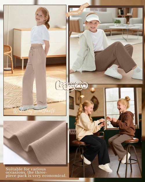 LessonZoo 3 Pack Girls Sweatpants Straight Leg Ribbed Waist Active Joggers Teens Athletic Pants with Drawstring and Pockets(Apricot, Dark Khaki, Black,Medium)