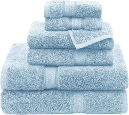 COTTON CRAFT Ultra Soft 6-Piece Towel Set | 100% Cotton Quick-Dry Bath Towels, Hand Towels & Washcloths - Light Blue