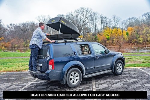 JEGS Rooftop Cargo Carrier for Car Storage - Large Roof Rack Cargo Carrier - Front Hinge/Rear Lock - Rear Opening Weatherproof Storage - Made in USA - 18 Cubic Ft - 110 Lb Capacity - Aero Design