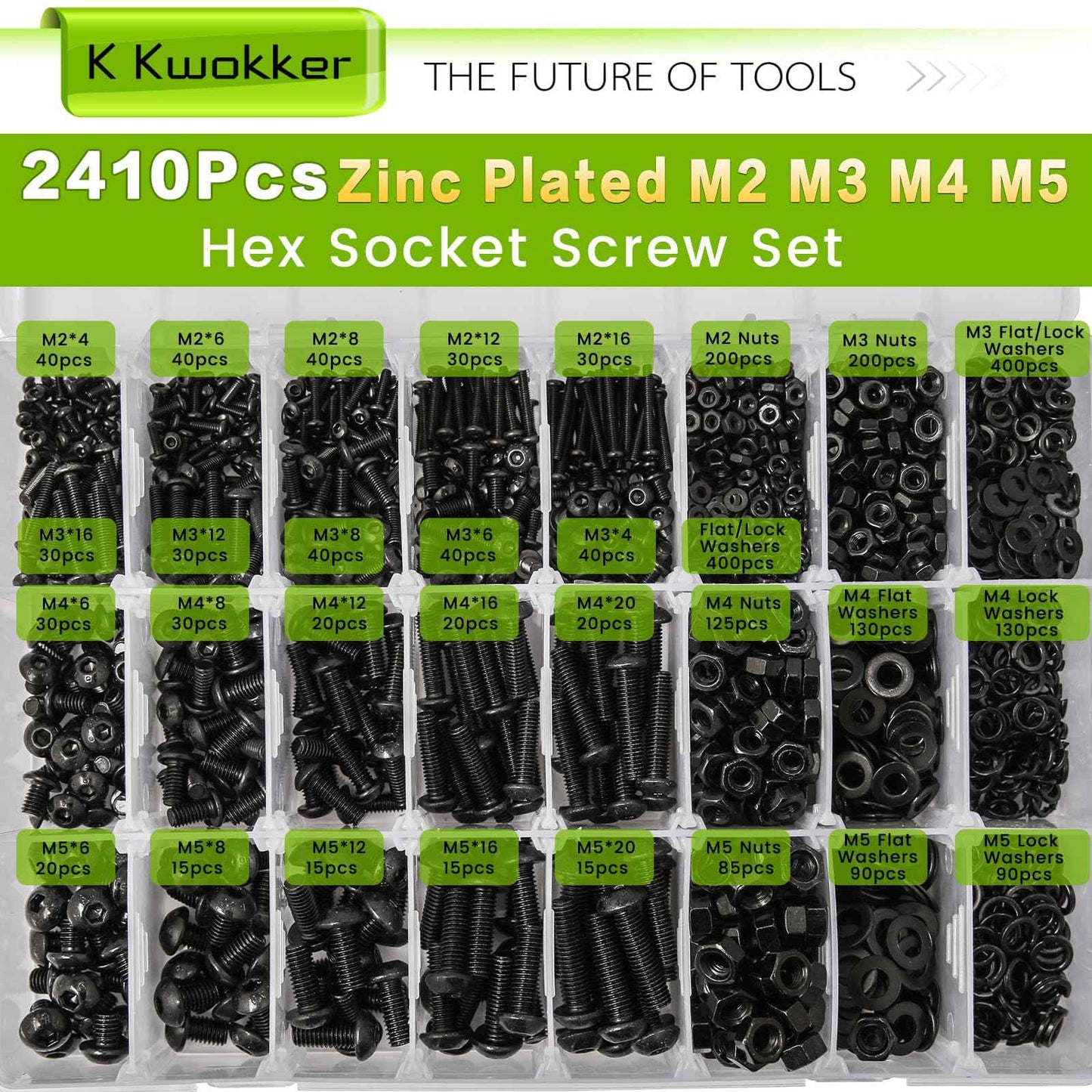 K Kwokker 2410Pcs M2 M3 M4 M5 Nuts and Bolts Assortment Kit 4MM to 20MM Upgraded Zinc Plated Hex Button Head Cap Metric Machine Screws, 10.9 Alloy Steel Bolts and Nuts Kit w/Lock Washers for Screws