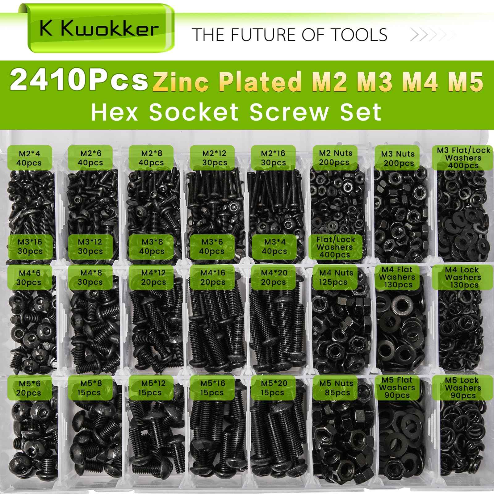 K Kwokker 2410Pcs M2 M3 M4 M5 Nuts and Bolts Assortment Kit 4MM to 20MM Upgraded Zinc Plated Hex Button Head Cap Metric Machine Screws, 10.9 Alloy Steel Bolts and Nuts Kit w/Lock Washers for Screws
