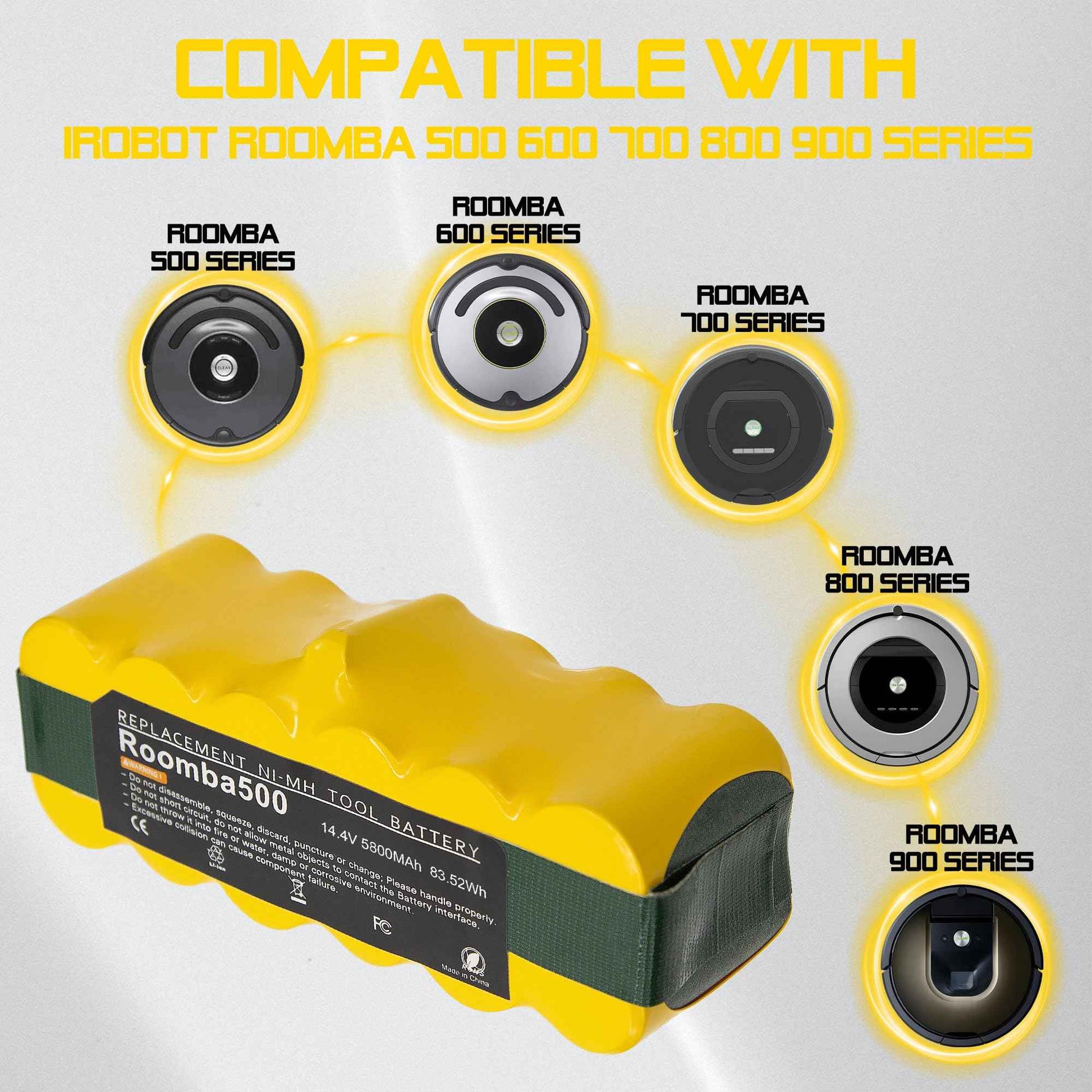 5000mAh 14.4V Replacement for Irobot Roomba 14.4V NI-MH Battery Compatible with iRobot Roomba 500 600 700 800 900 Series 510 531 535 540 550 552 560 570 580 595 620 650 660 760 770 780 790 870