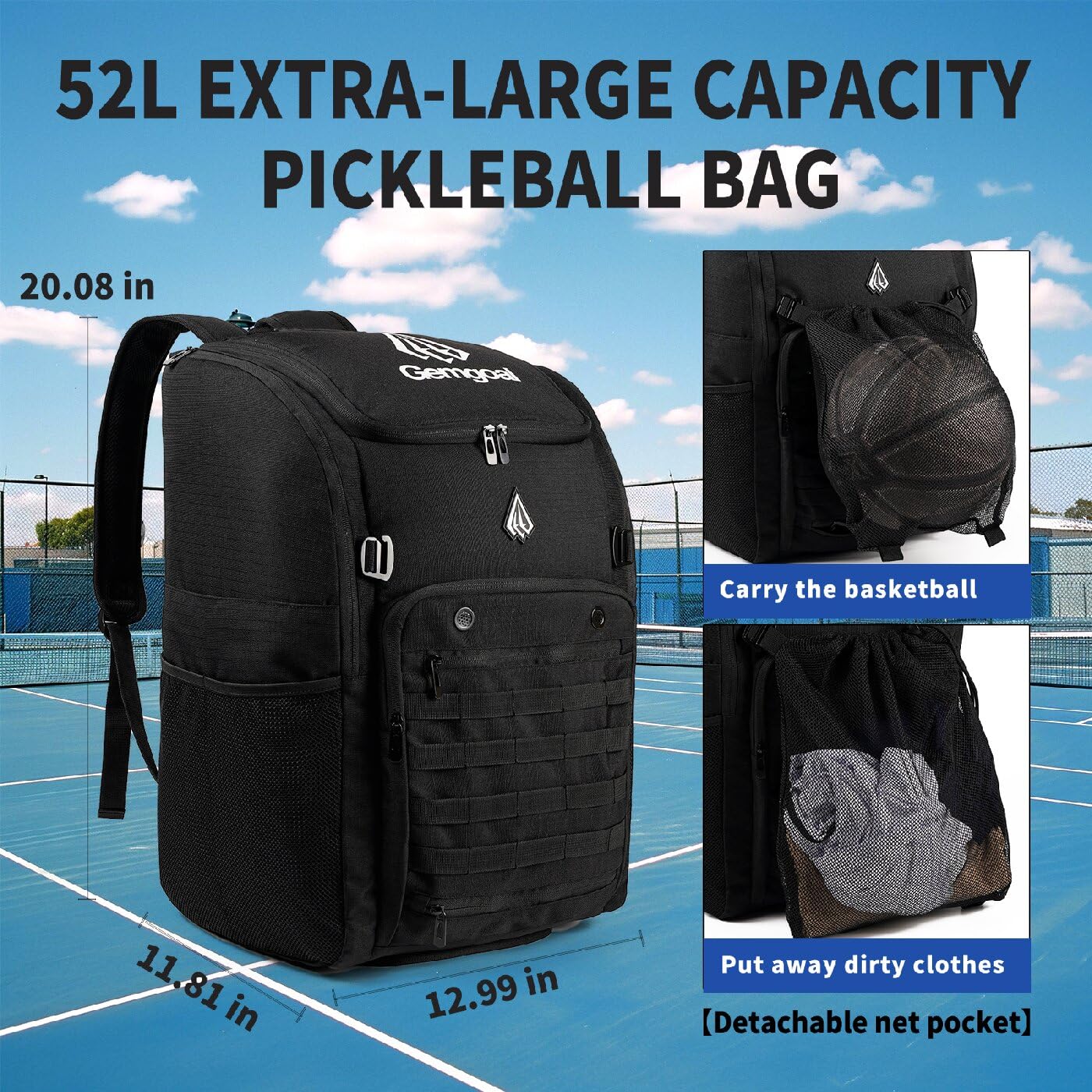 Gemgoal Extra Large Pickleball Bag for Men with Shoe Compartment Pickleball Backpack for 4 Rackets with Fence Hook Paddle Compartments Balls Holder Multiple Compartments