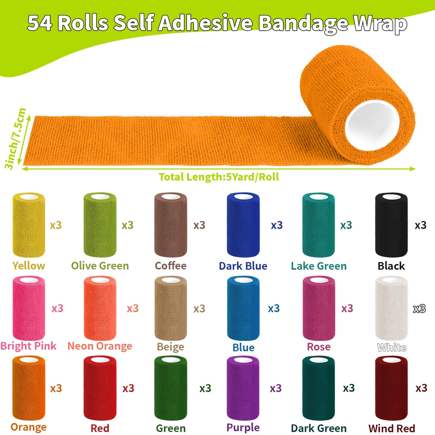 54 Pack Colorful Self Adhesive Bandage Wrap Bulk 4 Inch x 5 Yards Cohesive Bandage,Vet Wrap Breathable Elastic Self-Adherent Tape for Stretch Athletic Sports Wrist Ankle Dogs Pet Vet Wrap