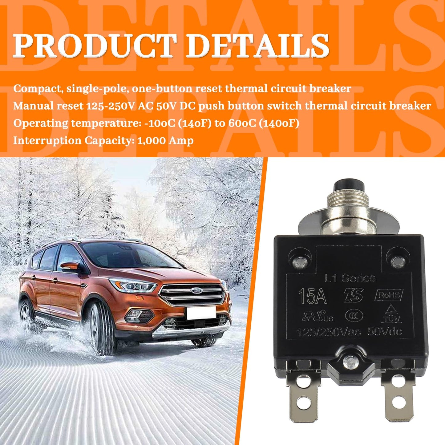 HUWREW 15 Amp Push Button Circuit Breaker 125-250V AC 50V DC L1 Series Manual Reset Thermal Circuit Breaker 15A Thermal Overload Protector (Pack of 2)