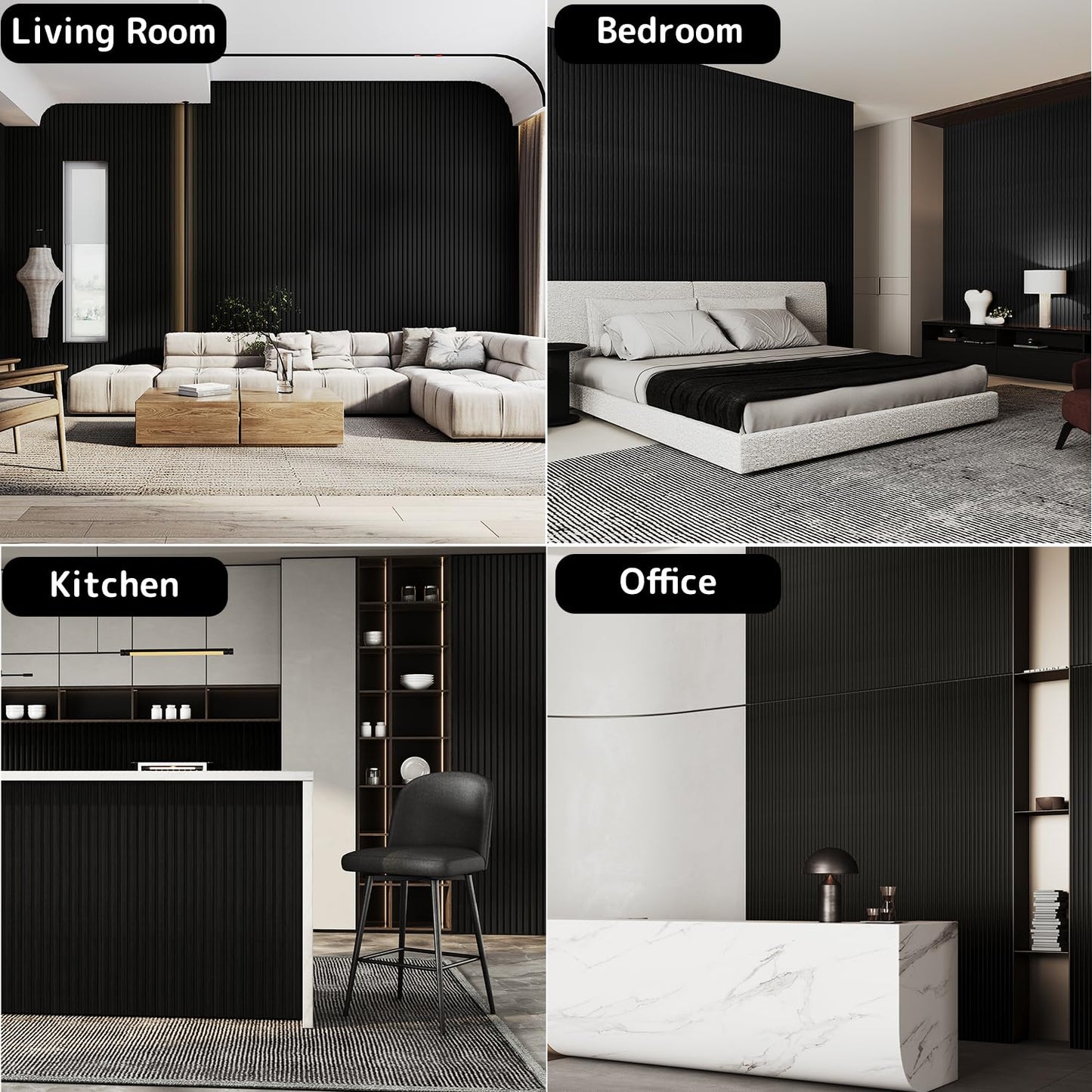 Sunny Heart Wood Slat Wall Panels, Solid Wooden Panels, 2 Pack 93.5" x 12.6" Soundproof Wall Panels, 3D Textured Wood Panel Acoustic Fluted Panels for Wall Decor, Black