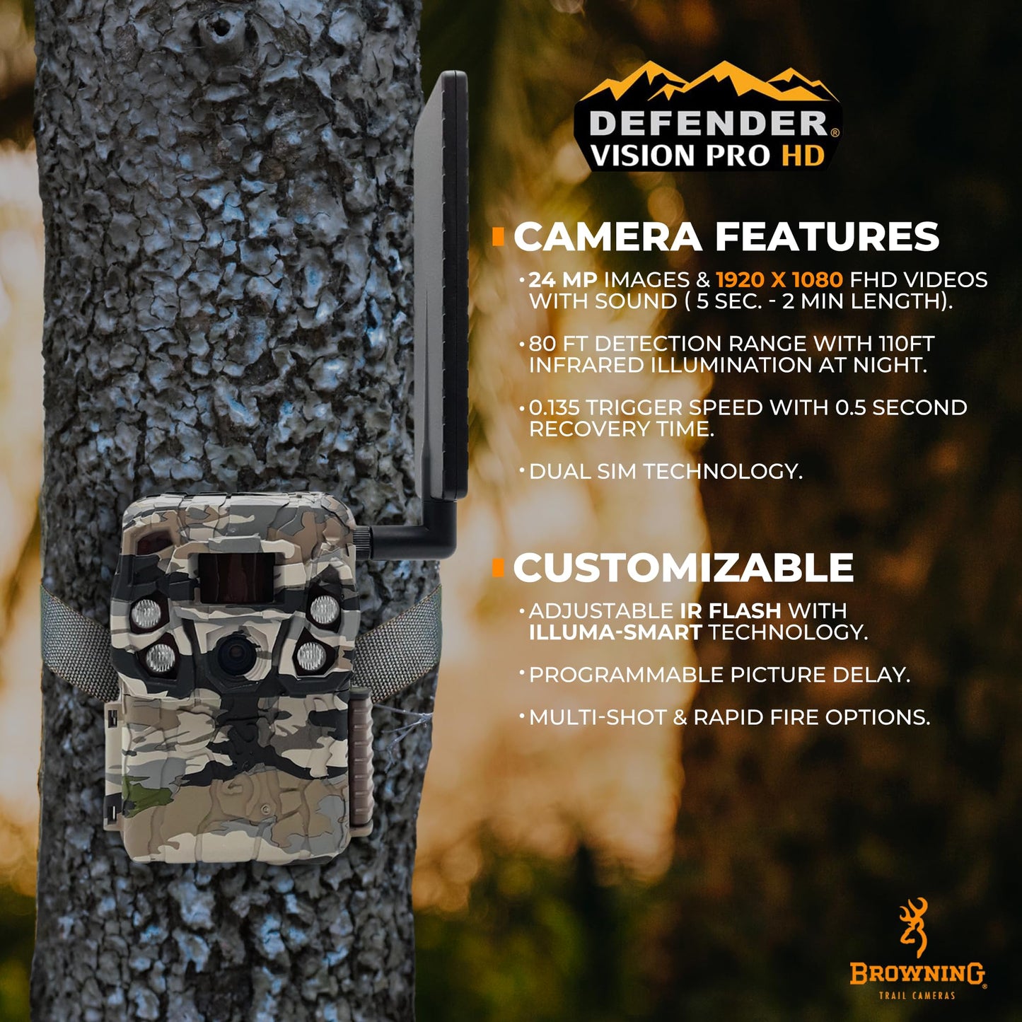 Browning Cellular Trail Camera Defender HD 24MP Trail Camera OVIX Camo Pattern Dual SIM Hunting Game Trail Camera, 110' Night Detection Range & Smartphone Cpompatible Trail Camera