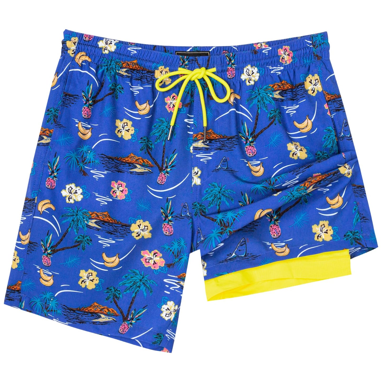 SURF CUZ Mens Swim Trunks with Compression Liner Quick Dry Swim Shorts 7" Swimming Trunks Stretch Zipper Pockets,Summer Hawaii,XS