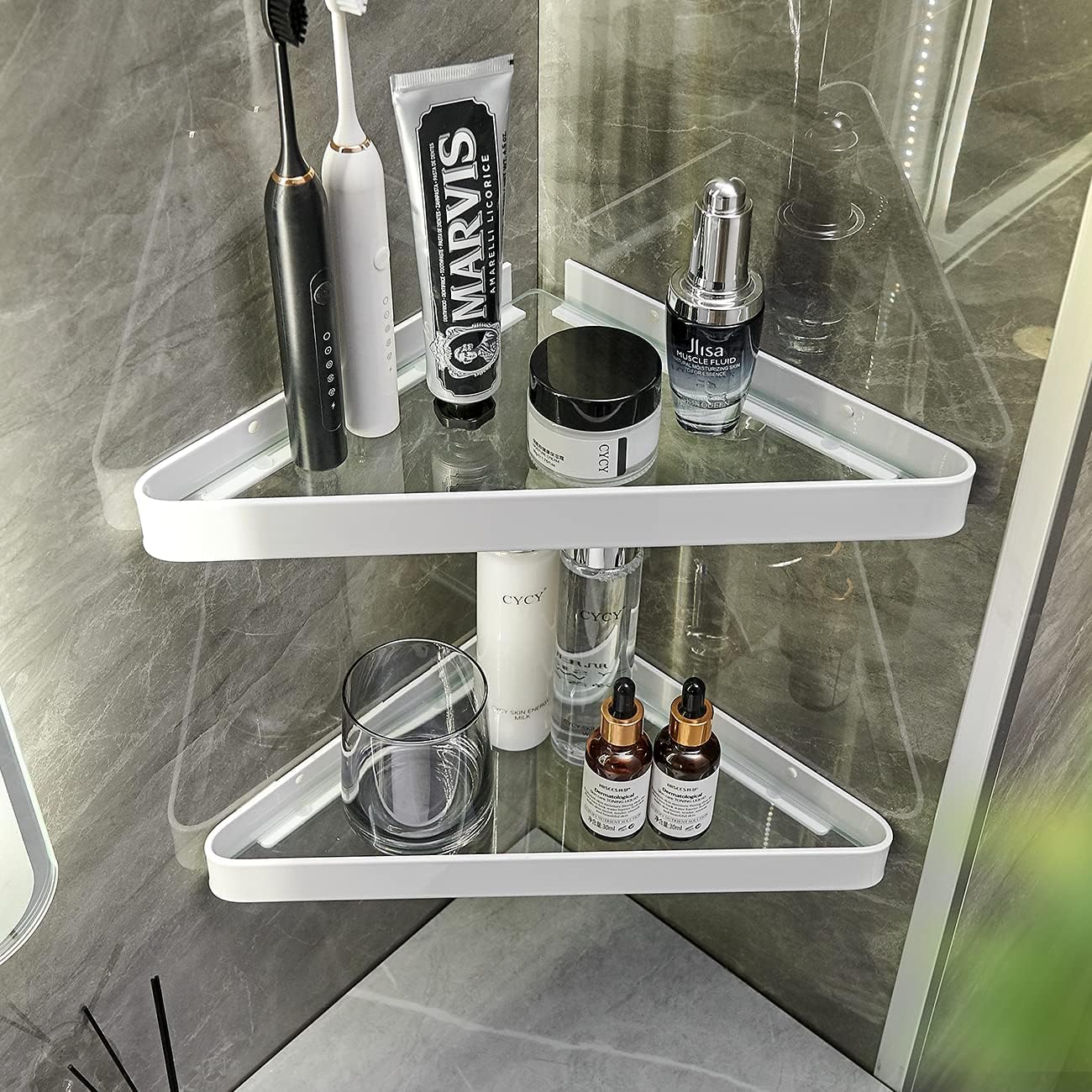 Wall Mounted Glass Bathroom Shelves - 2-Tier Floating Organizer in Black