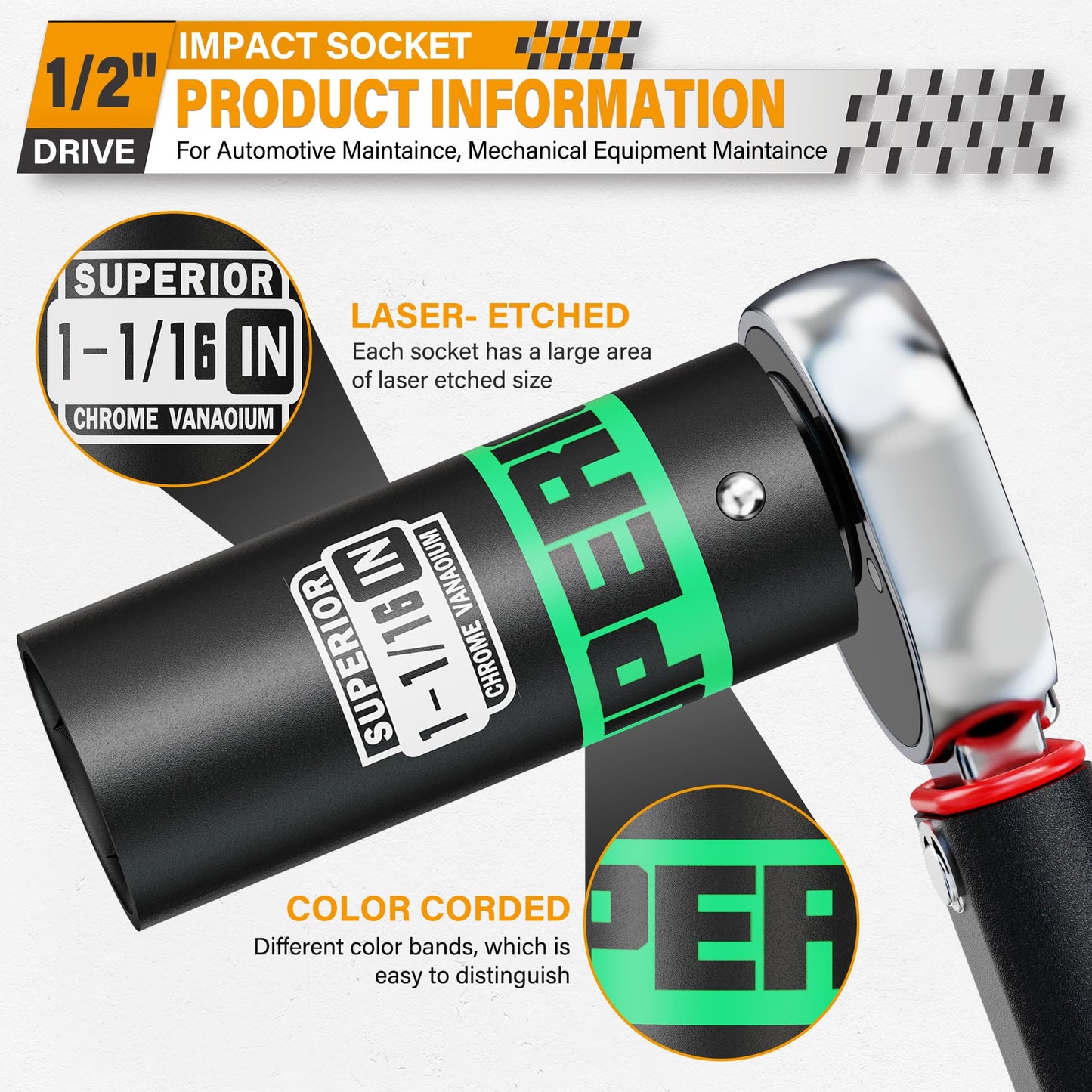 Aiourx 1/2" Drive Impact Socket, 1-1/16 inch Deep Socket, SAE, 6 Point, CR-V, for Car Repair, Loosen the Fastening Nut