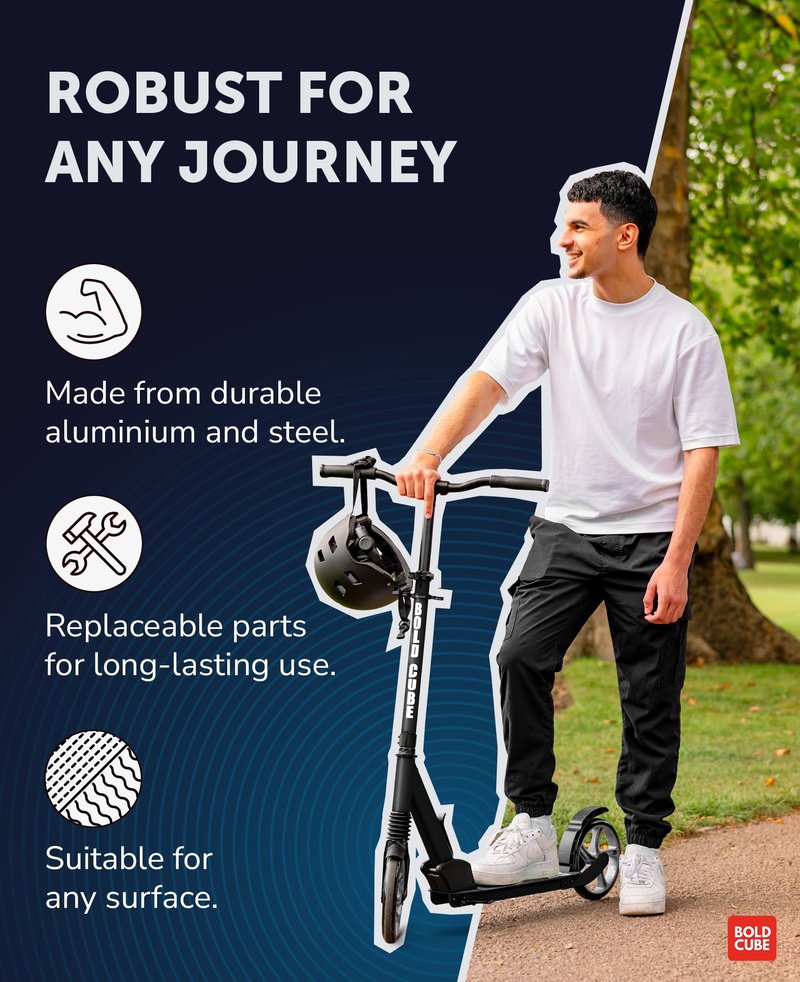 BOLDCUBE Big 2 Wheeler | Scooter for Kids & Teens Ages 7+ Years | Play & Commute | Front Suspension Fit with 200MM Wheels | Height Adjustable 86 to 111 cm
