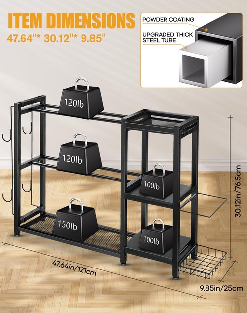 FHXZH 3-Tier Dumbbell Rack Stand Only - Adjustable Weight Rack for Home Gym, Heavy-Duty Weight Stand for Dumbbells Kettlebells Foam Roller Yoga Mats, Workout Equipment Storage Organizer With Hooks (Black)