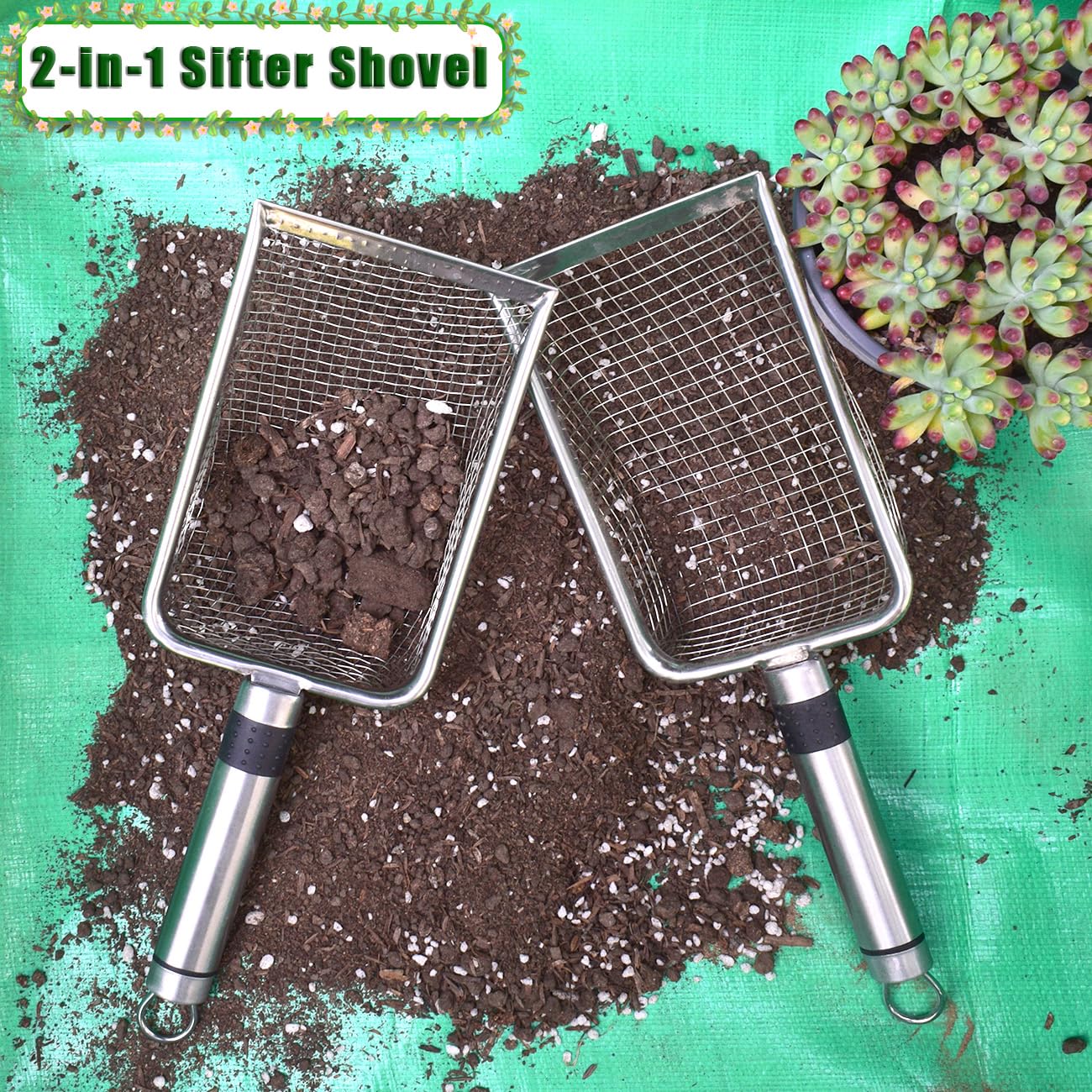 Soil Sifter for Gardening, Soil Sieve Compost Sifter with Repotting Mat, 3.8/5mm Mesh Sieve, Garden Sifter Shovel for Rocks, Sand, Dirt, Ideal for Small-Scale Sieving