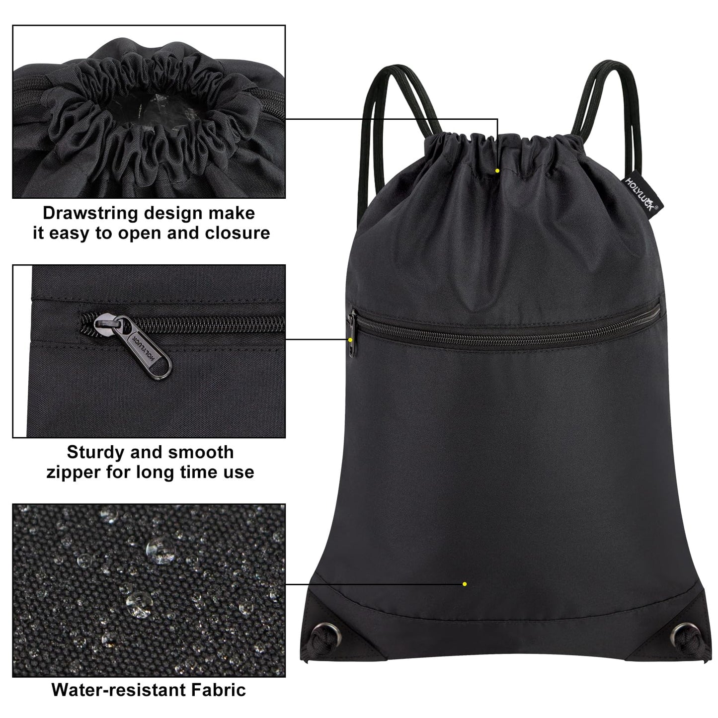 HOLYLUCK Drawstring Bags Backpack Sackpack Cinch Bags for Sports, Gym, Travel, Beach (Black)