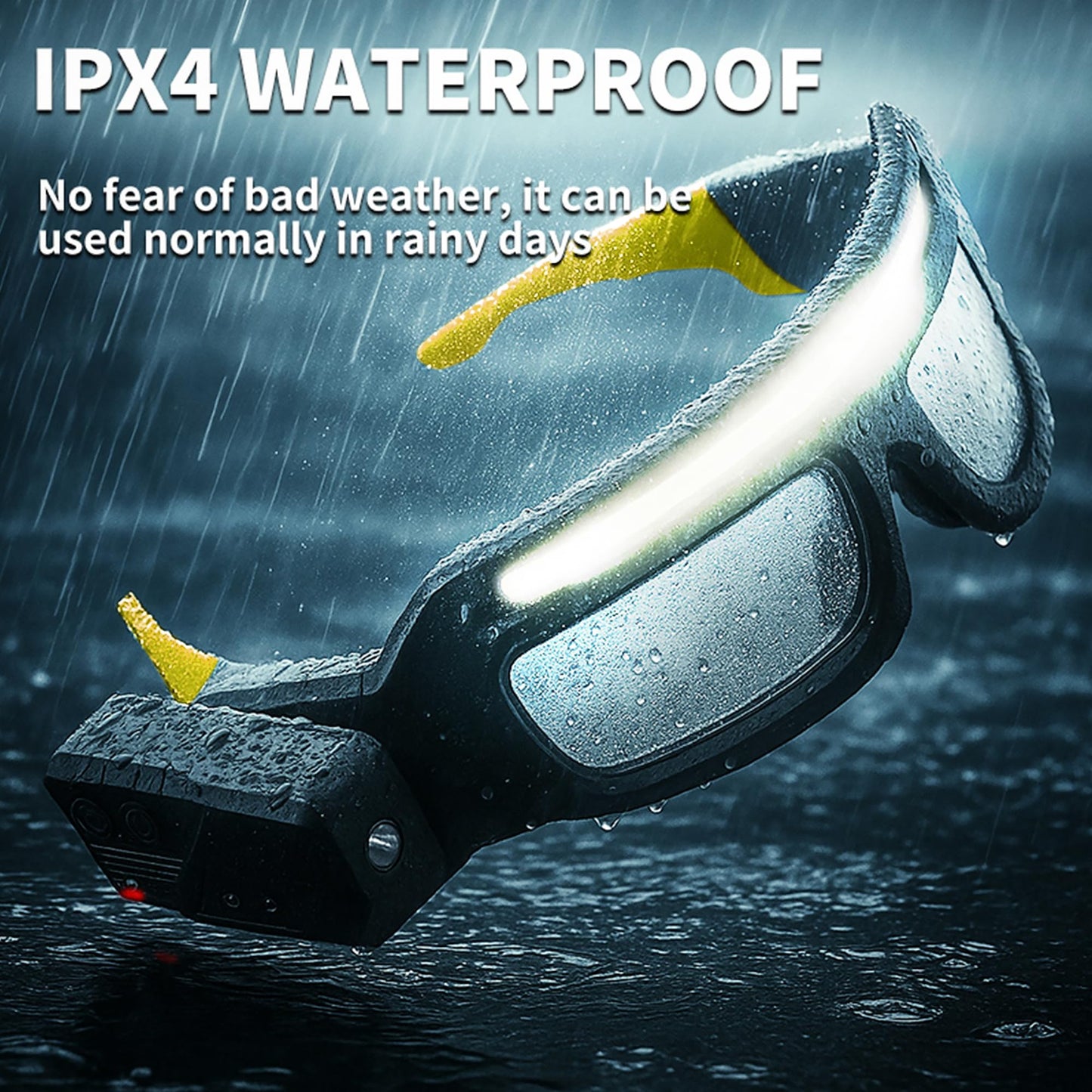 JORMIX LED Rechargeable Headlight Glasses with Motion Sensor & Touch Control 5 Modes USB C Light Up Glasses Lighted Eyewear (Black+Yellow)