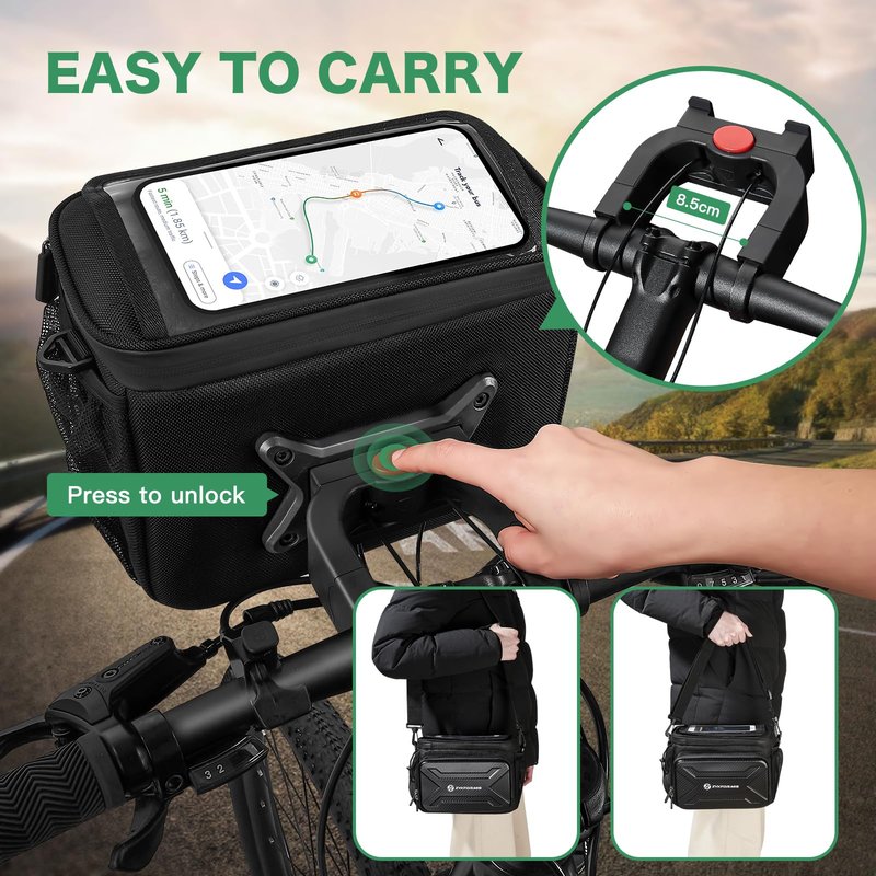 Bike Handlebar Bag with Touch Screen Phone Holder, 6L Large Water Resistant Bike Basket Front Bag with Handlebar Adapter, Reflective Bike Storage Pouch with Shoulder Strap for Bicycle and E-bike