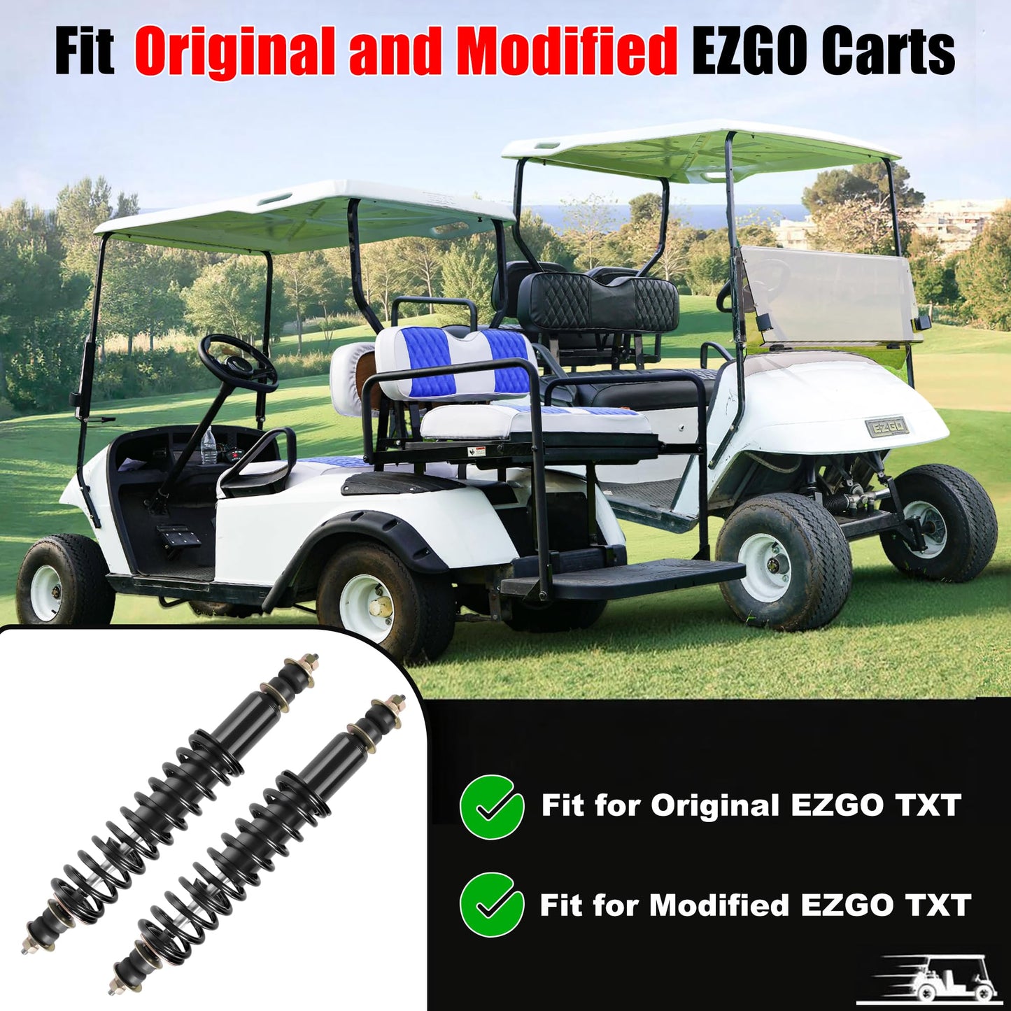 2 Packs Front and Rear Golf Cart Shock Absorbers Replacement for EZGO TXT/Medalist 1994-up Gas & Electric Models with Heavy Duty Coil Springs Replace OEM 70928-G01 76418-G01 70630-G01