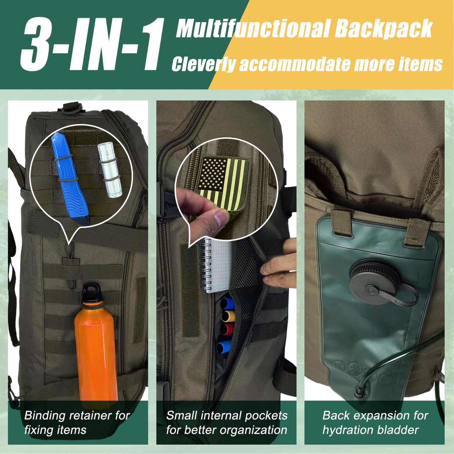 EASY BW 65L Large Travel Gym Duffle Bag with Tensile Strength Pom Buckle Military Tactical Backpack, Army Pack for Outdoor Sport with Molle System, Olive Green
