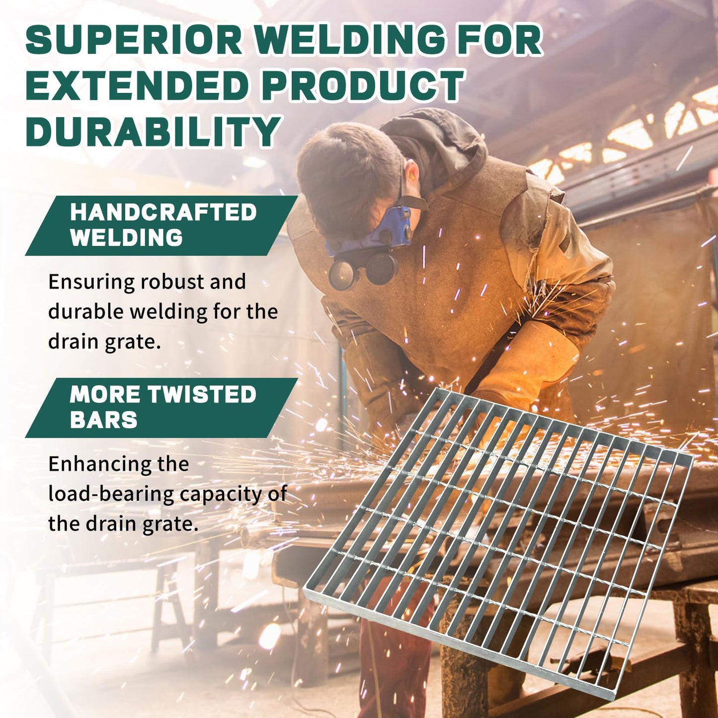 Tongmo 1.9IN Thick Galvanized Steel Drain Grate, B125 Class Sewer Grate, Weather-Resistant Outdoor Drain Cover, Heavy Duty Channel Grate, Silver Square Drainage Grate (19.6 * 19.6 * 1.9IN)