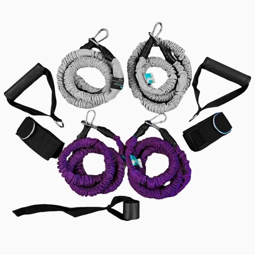 Set of 4 nylon covered professional quality resistance bands. Paired bands in 2 strengths for optimal strengthening, recovery, and rehabilitation