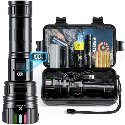 Esgofo Rechargeable Flashlights High Lumens 90,000 Long Range 3280FT, Super Bright Handheld Strong LED Flashlight Long Lasting 15H, Powerful Flash Light USB C, Zoomable 5 Modes, for Camping Hiking
