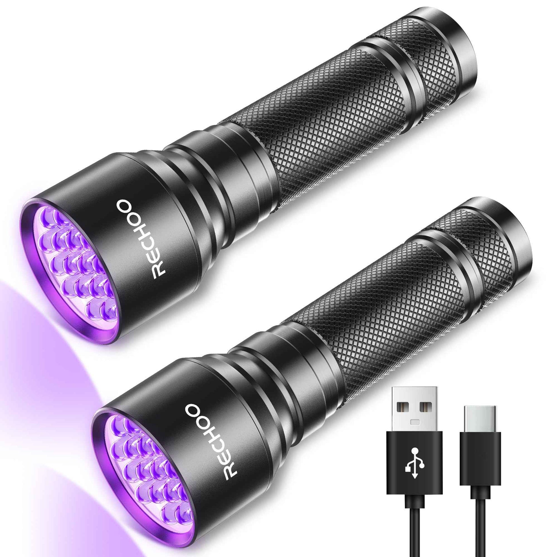 UV Flashlight Black Light 2 Pack, 21 LED 395nm Ultraviolet Rechargeable Flashlights UV Light, Waterproof Portable BlackLight Flashlights for Pet Urine Detection, Dry Stains, Bed Bug, Fluorescent Agent