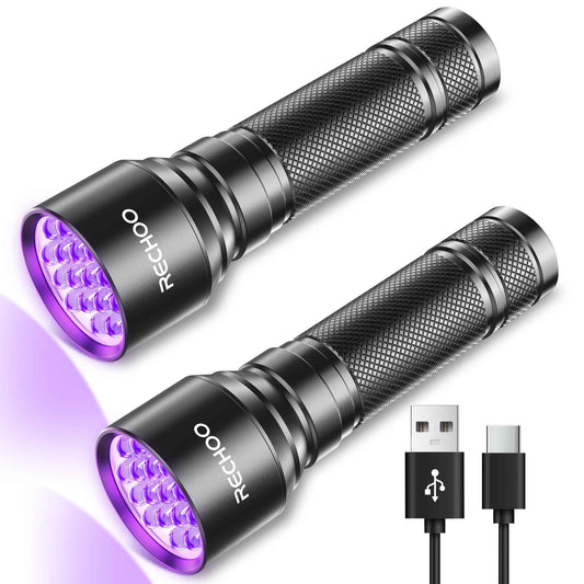 UV Flashlight Black Light 2 Pack, 21 LED 395nm Ultraviolet Rechargeable Flashlights UV Light, Waterproof Portable BlackLight Flashlights for Pet Urine Detection, Dry Stains, Bed Bug, Fluorescent Agent