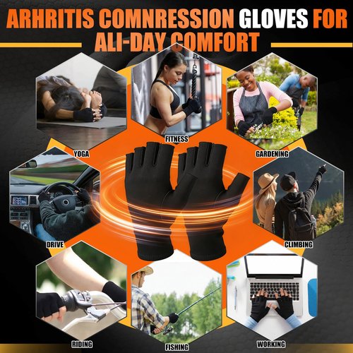 Cuffbow 3 Pairs Bamboo Compression Gloves Fingerless Bamboo Arthritis Gloves for Women Men with Breathable Fabric Arthritis and Carpal Tunnel Support, Size L, Black