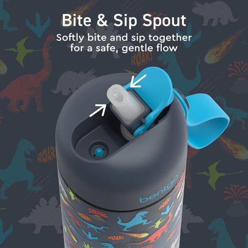 Bentgo Kids Water Bottle 2-Pack - Leak-Proof, Durable Tritan, BPA-Free 15 oz for Ages 3+ | Bite & Sip Spout, Dishwasher Safe (Dinosaur/Dino Fossils)