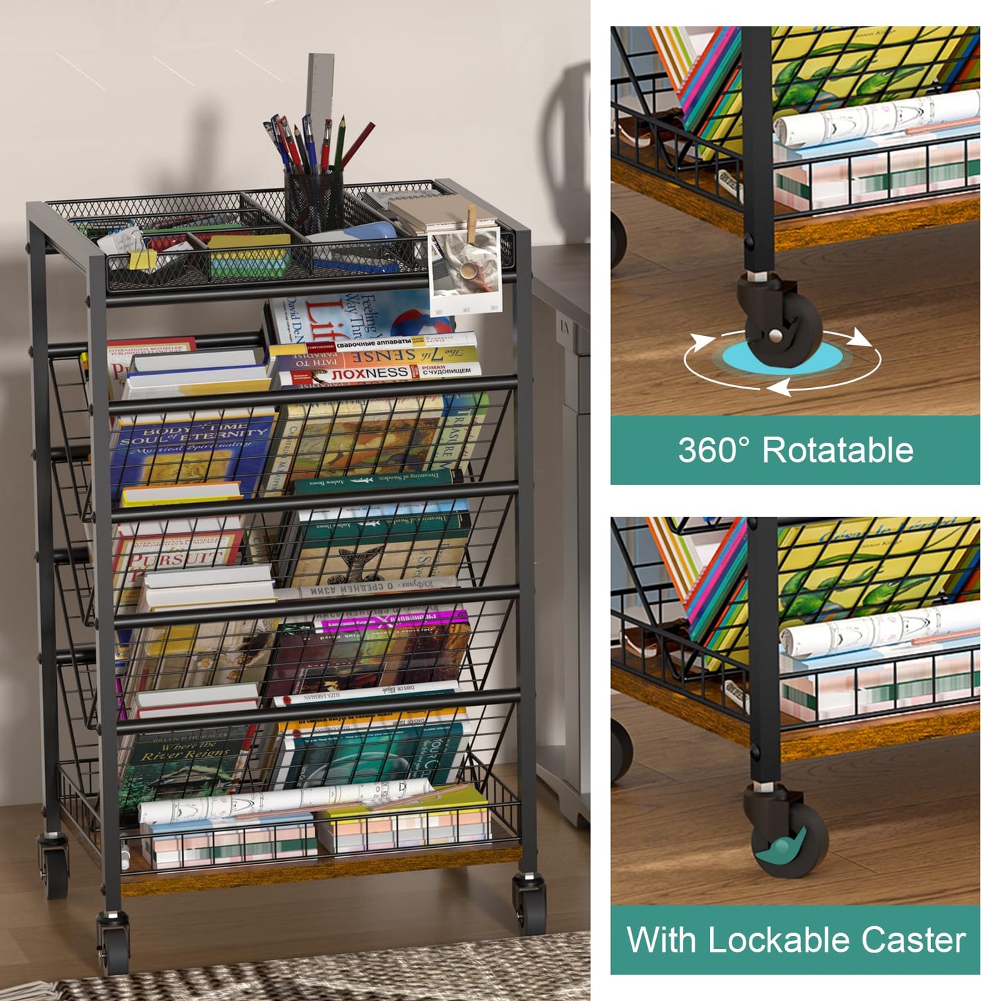 8-Tier Book Cart with Wheels for Kids, Rolling Utility Cart with Lockable Casters Rolling Book Storage Rack for Study Office Living Room Classroom
