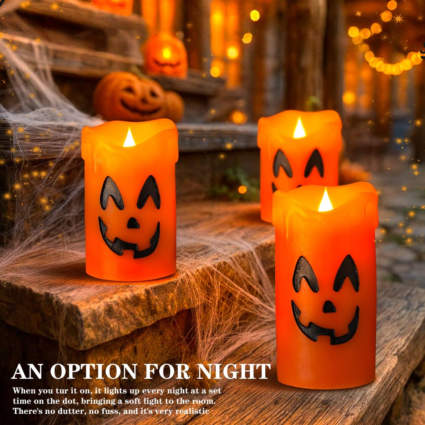 LCZLUMIPRO Halloween Candles Flameless Ghost Face Decor, Orange Pumpkin Dripping Real Wax Battery Operated LED Pillar Candles for Halloween Fall Indoor Table Dinner Decorations, Set of 3(3" x 4/5/6")