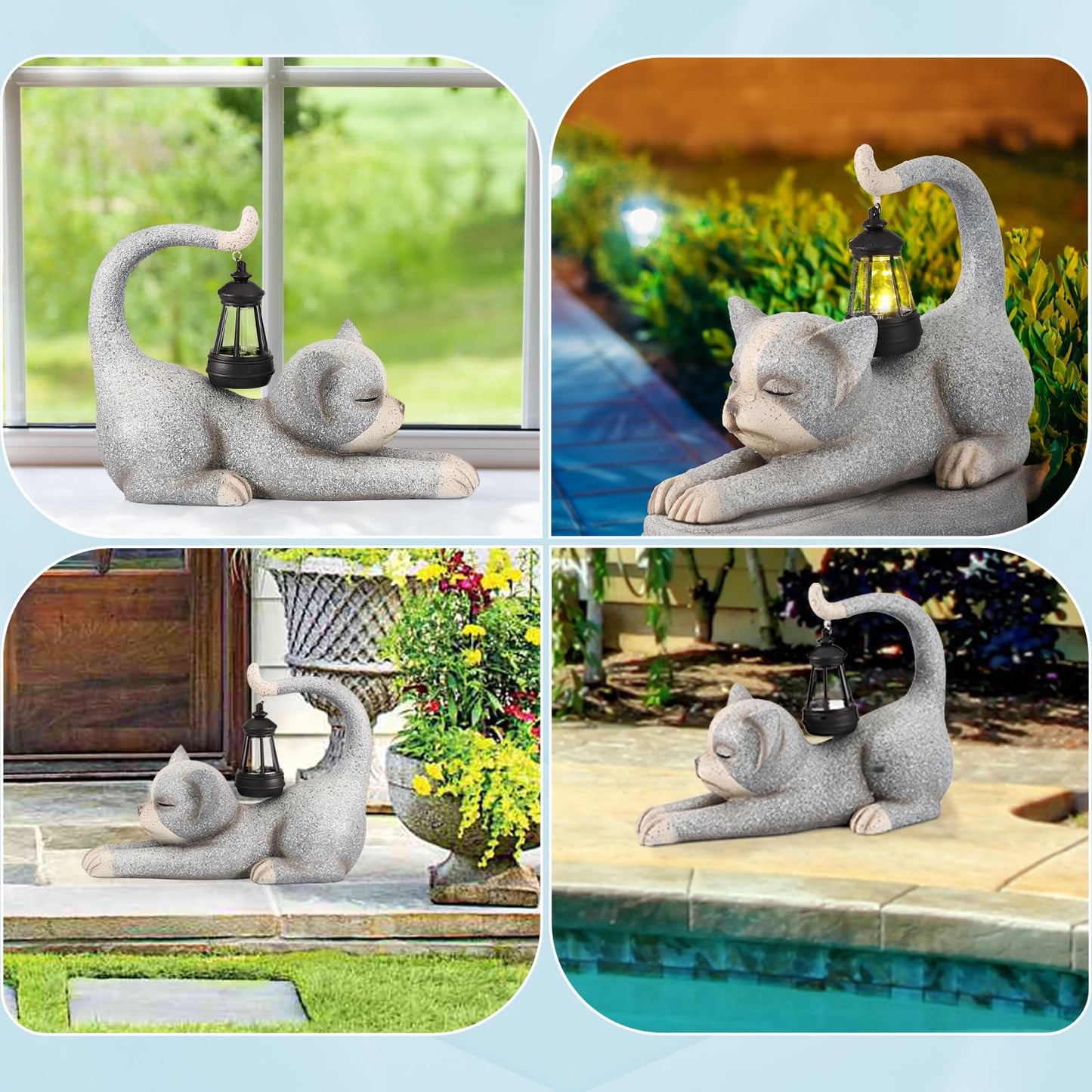 JUMPHIGH Garden Cat Statue with Solar Lantern, Garden Sculpture Decor Animal Figurines Cute Cat for Yard Lawn Patio Balcony Outdoor Ornament, Unique Gifts for Women mom dad