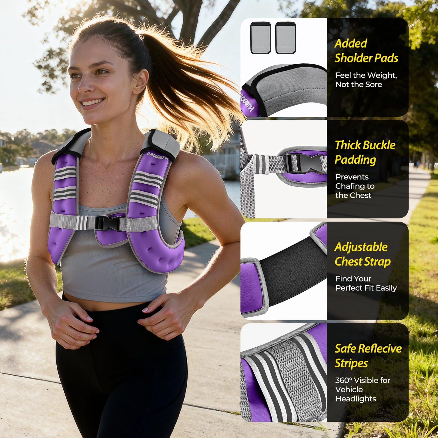 PACEARTH Weighted Vest,6lb/8lb/10lb/12lb/16lb/20lb/25lb/30lb Weight Vest with Reflective Stripe, Body Weight Vests for Women, Men, Weight Loss Workout, Strength Training, Running, Walking, Jogging